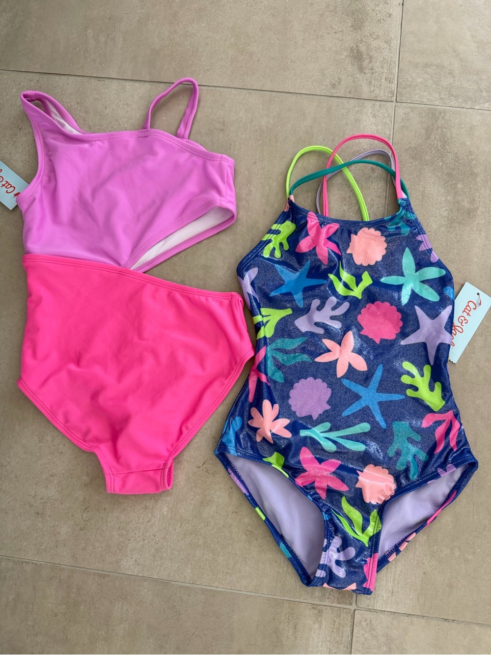 Cat & Jack bundle 2 Girls Pink Solid cutout & Navy Sea Life One piece Swimsuit